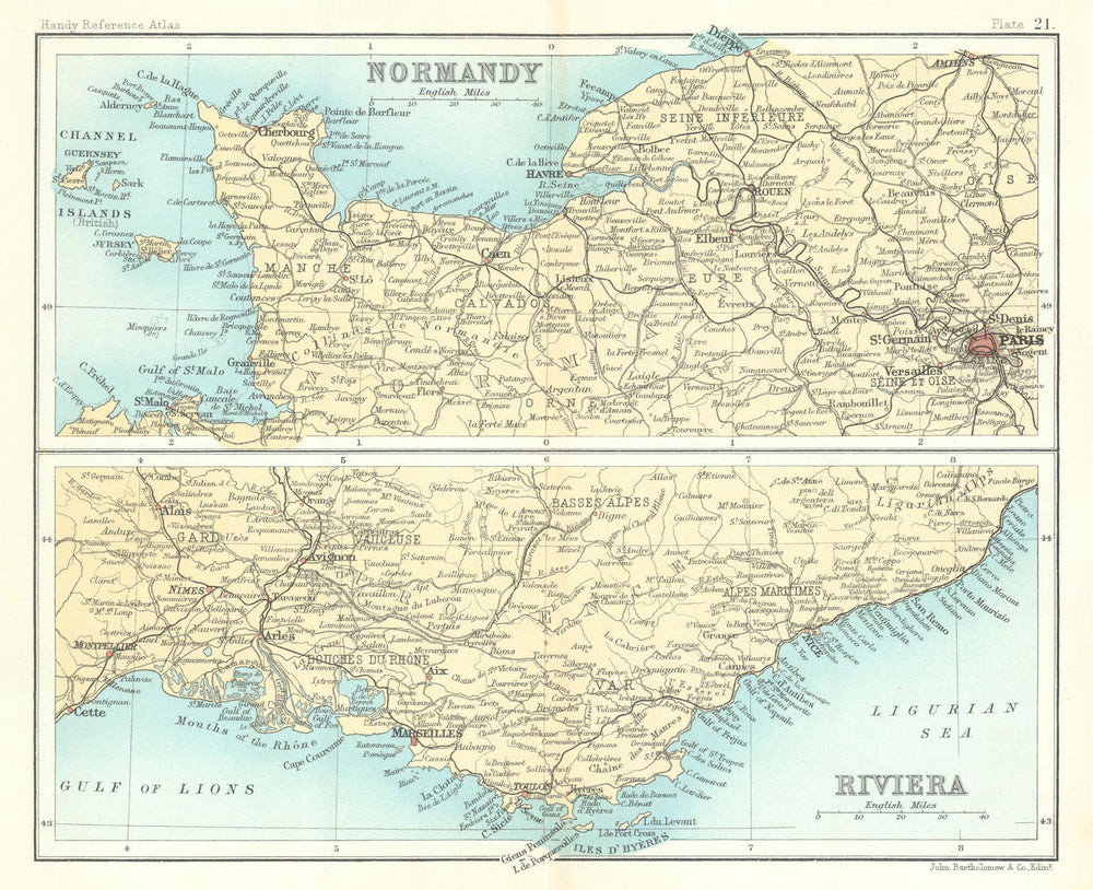 Normandy & the Riviera. Côte d'Azur. France. BARTHOLOMEW 1909 old antique map