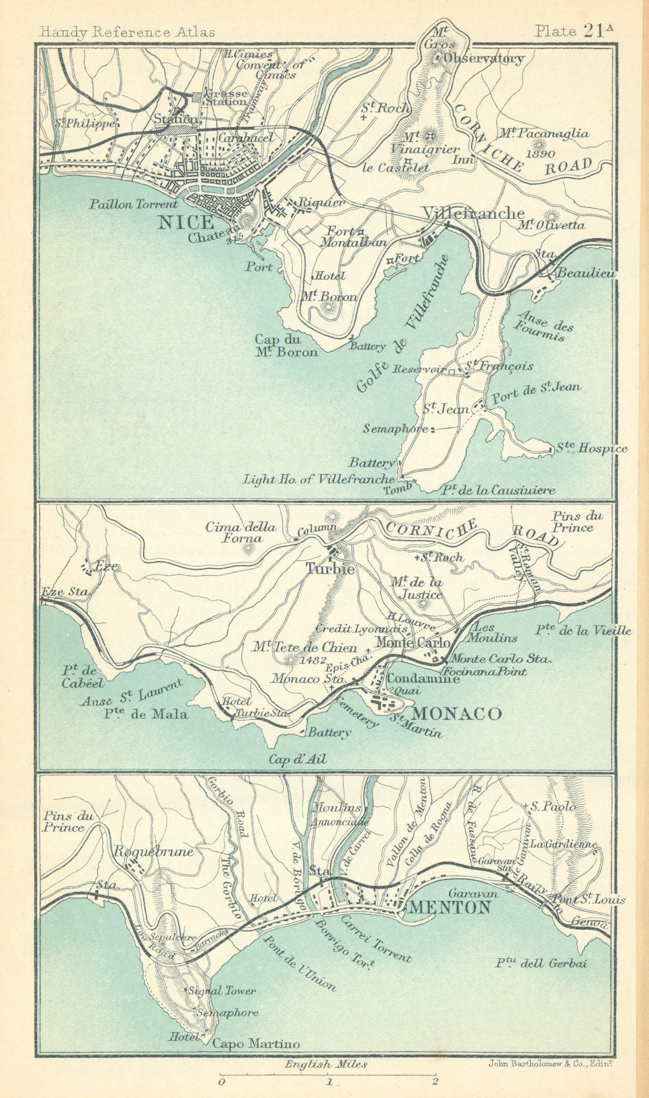 Environs of Nice, Monaco & Menton. Alpes-Maritimes. BARTHOLOMEW 1909 old map