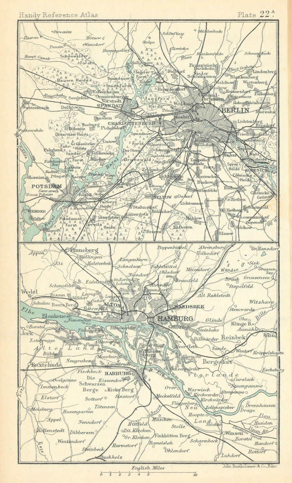 Environs of Berlin & Hamburg. Germany. BARTHOLOMEW 1909 old antique map chart