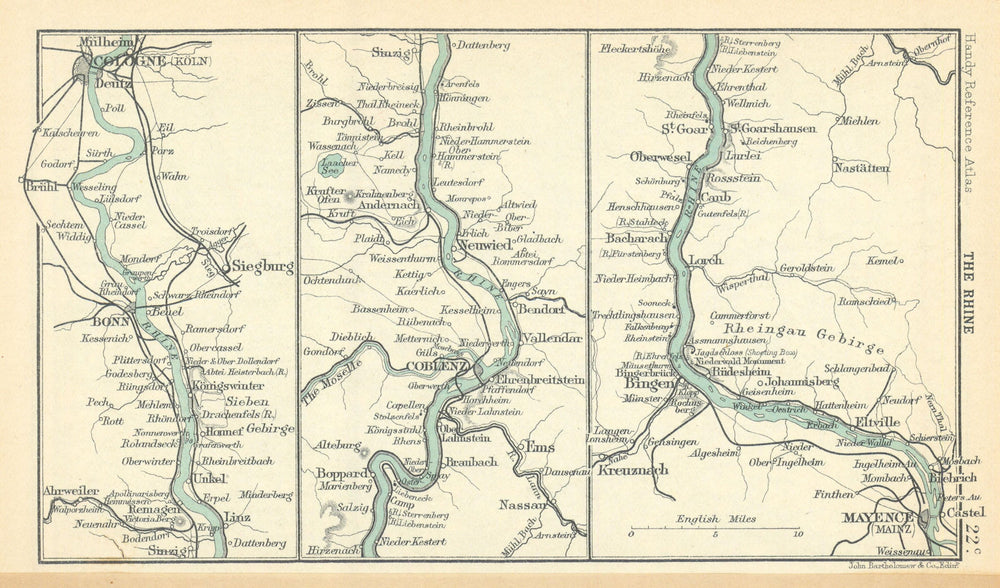 The Rhine. Cologne - Bonn - Coblenz - Mainz. Germany. BARTHOLOMEW 1909 old map