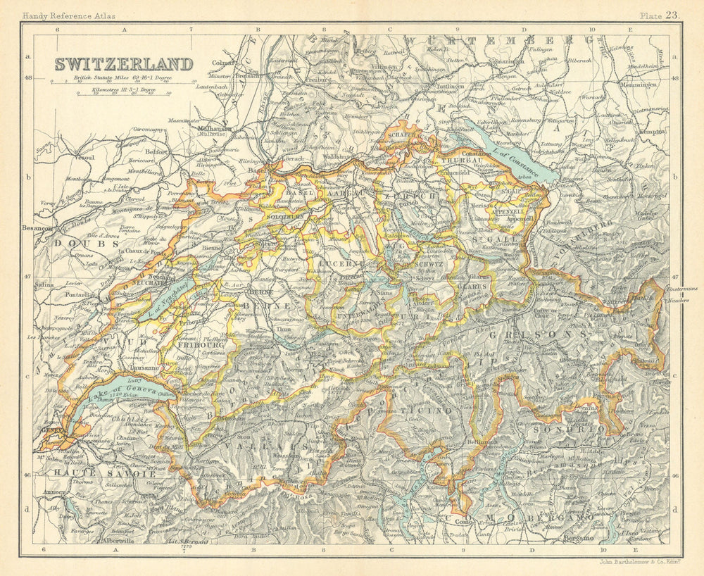 Switzerland showing cantons. BARTHOLOMEW 1909 old antique map plan chart