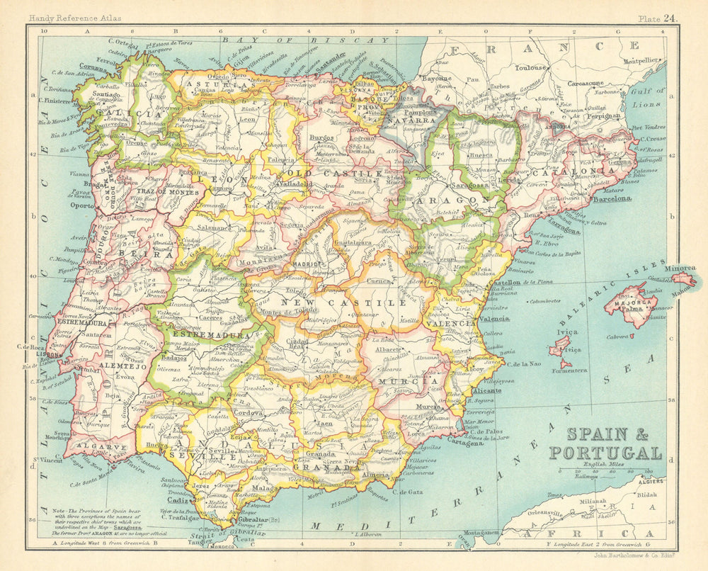 Spain and Portugal provinces. Iberia. BARTHOLOMEW 1909 old antique map chart