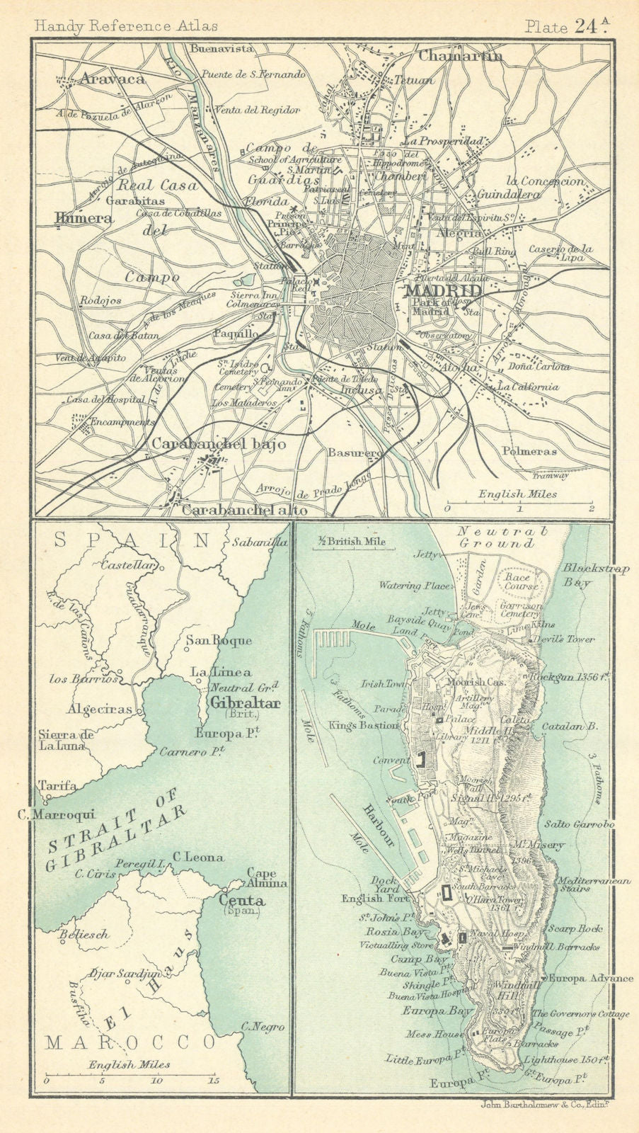 Environs of Madrid & Gibraltar. Spain. BARTHOLOMEW 1909 old antique map chart