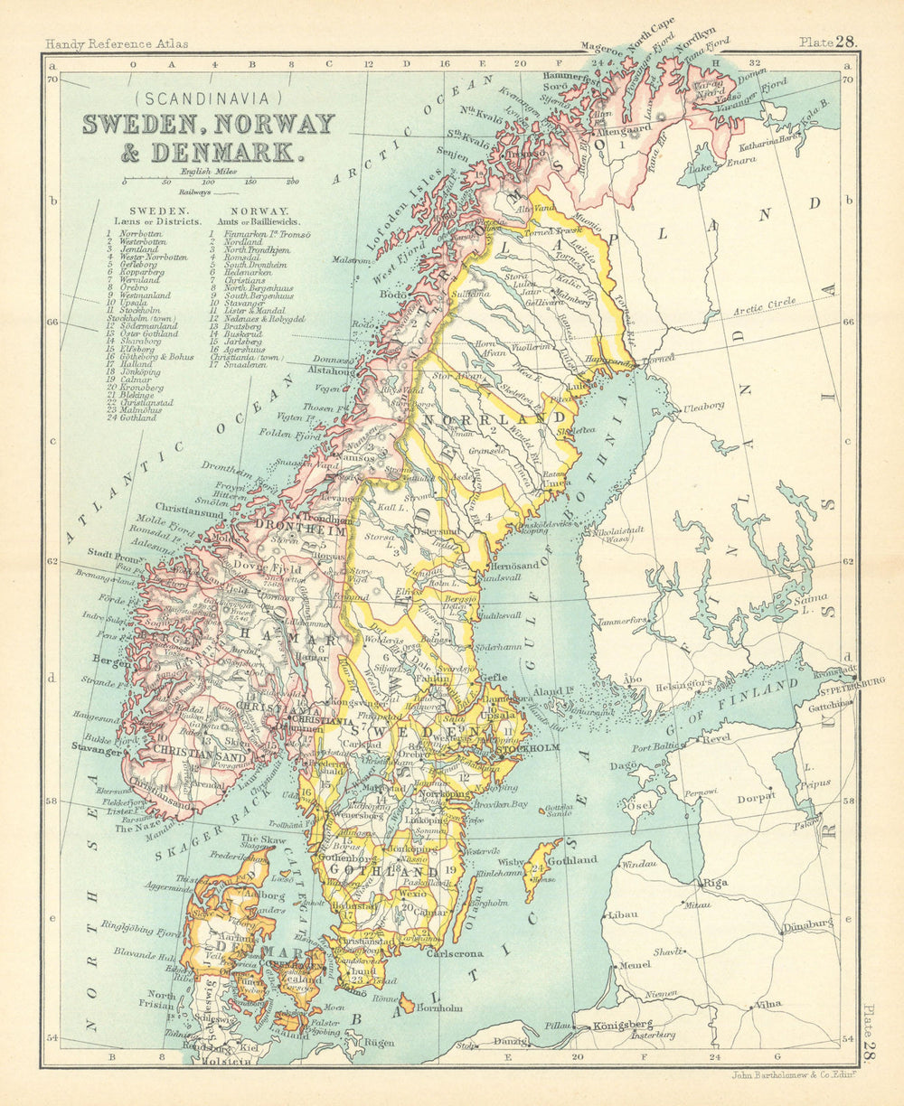 Sweden, Norway, & Denmark. Scandinavia. BARTHOLOMEW 1909 old antique map chart