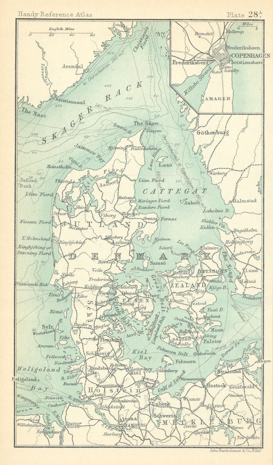 Denmark. Inset Copenhagen. BARTHOLOMEW 1909 old antique vintage map plan chart