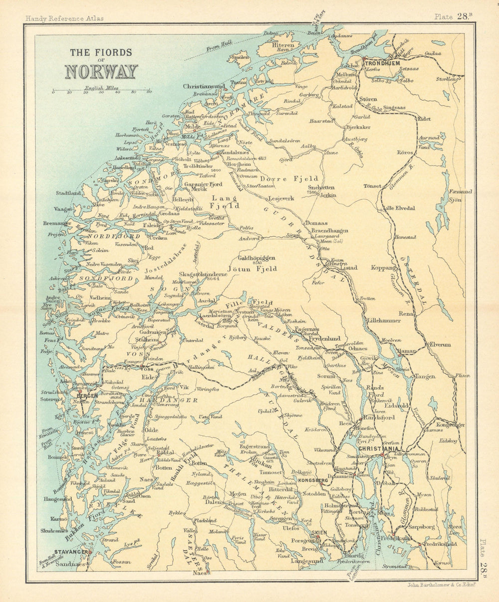 The Fjords of Norway. Norwegian Coast. Oslo. BARTHOLOMEW 1909 old antique map