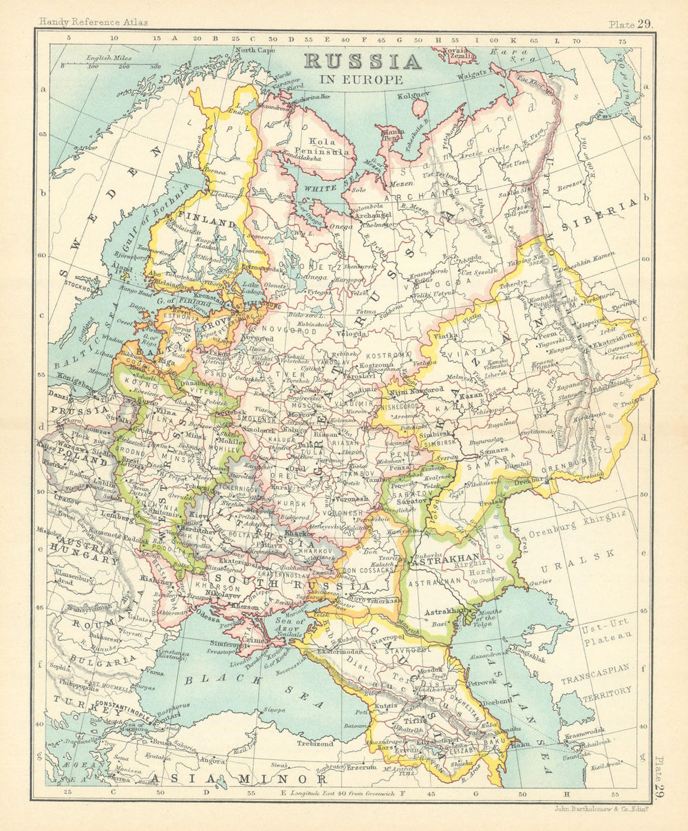 Russia in Europe. Great Russia. Kazan. Caucasia. Finland. BARTHOLOMEW 1909 map