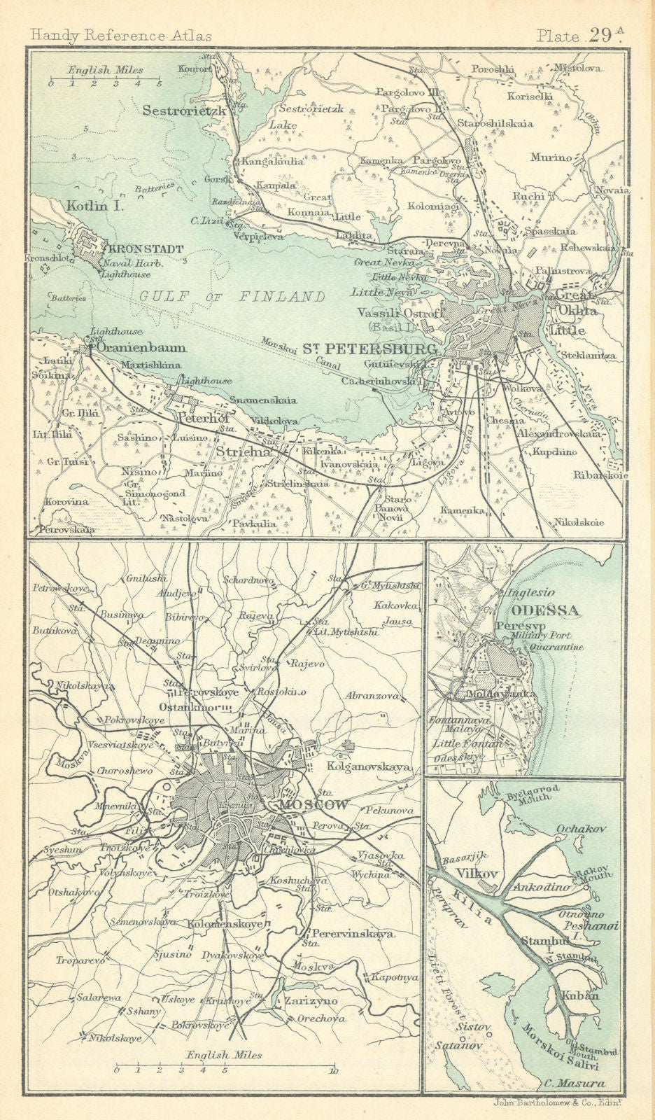 Environs of St Petersburg, Moscow & Odessa. Russia. BARTHOLOMEW 1909 old map