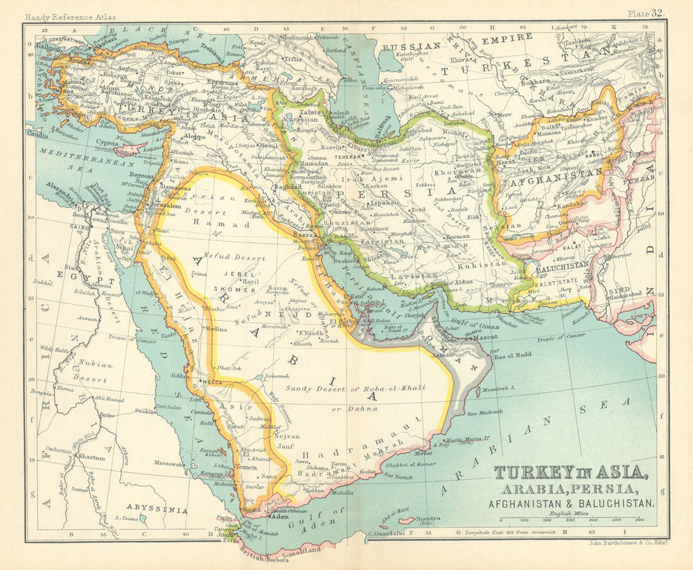 Middle East. Turkey in Asia Arabia Persia Afghanistan Sharjah 1909 old map