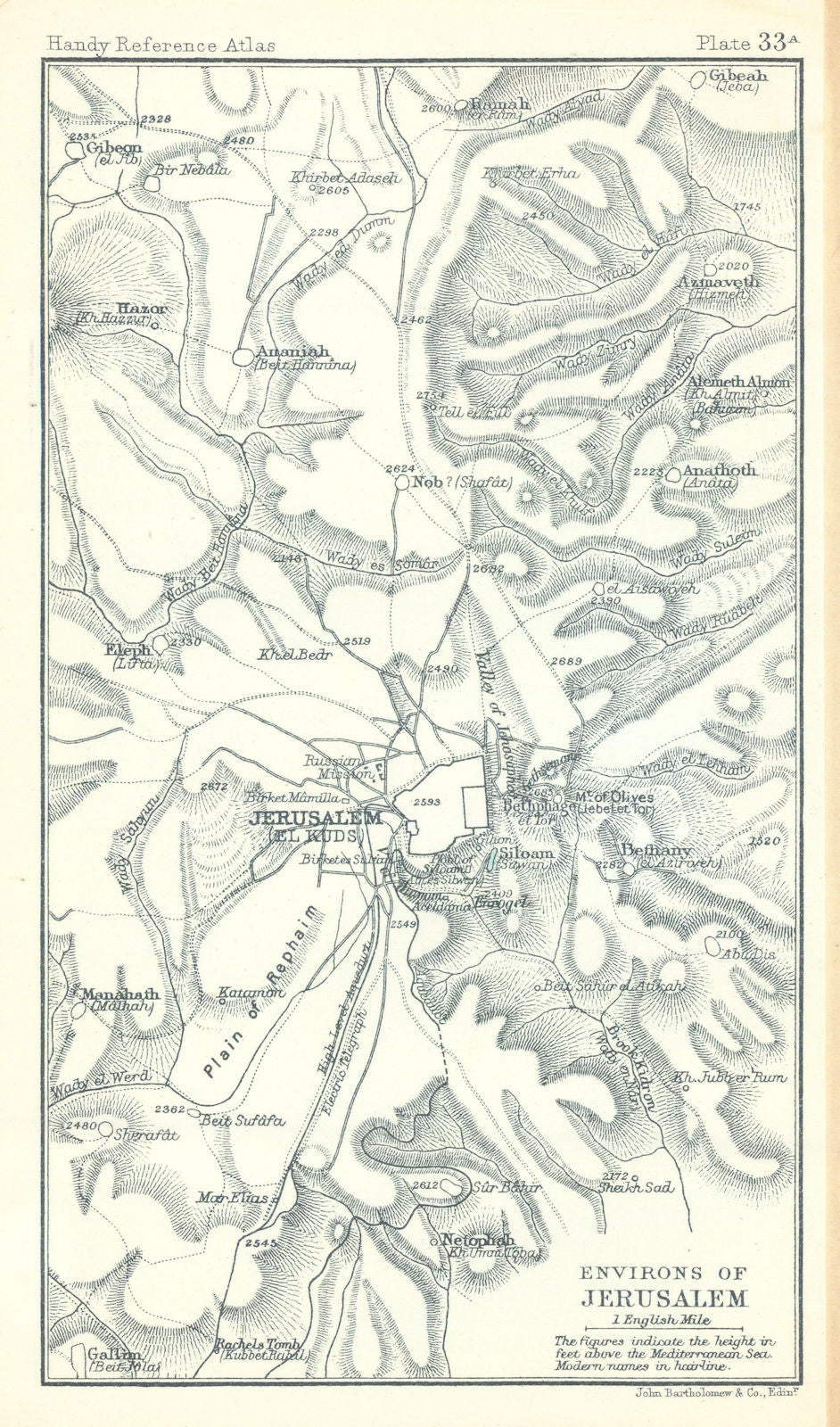 Environs of Jerusalem. Israel Palestine. BARTHOLOMEW 1909 old antique map