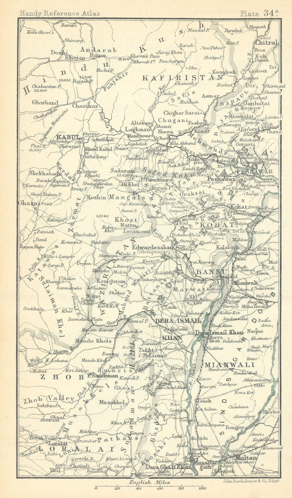 Derajat Kabul Peshawar Multan. Afghanistan Pakistan. BARTHOLOMEW 1909 old map