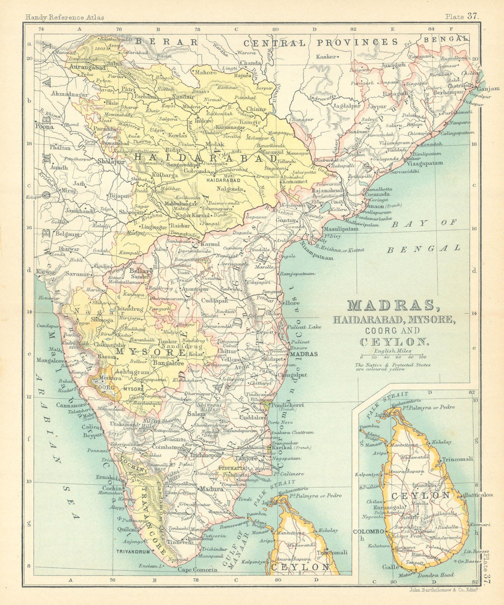 Southern British India. Madras, Haidarabad, Mysore, Coorg and Ceylon 1909 map
