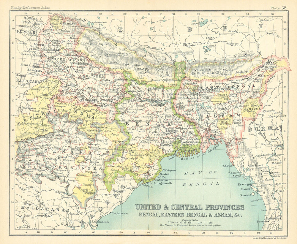 NE British India. Bengal, Central Provinces, Assam, &c. BARTHOLOMEW 1909 map