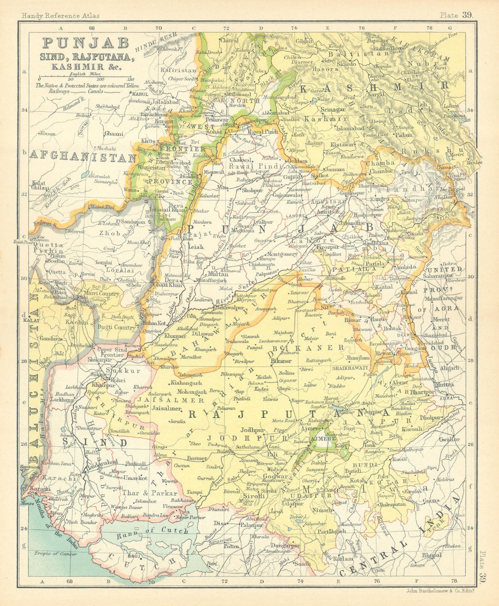 NW British India. Punjab, Sind, Rajputana, Kashmir, &c. Pakistan 1909 old map