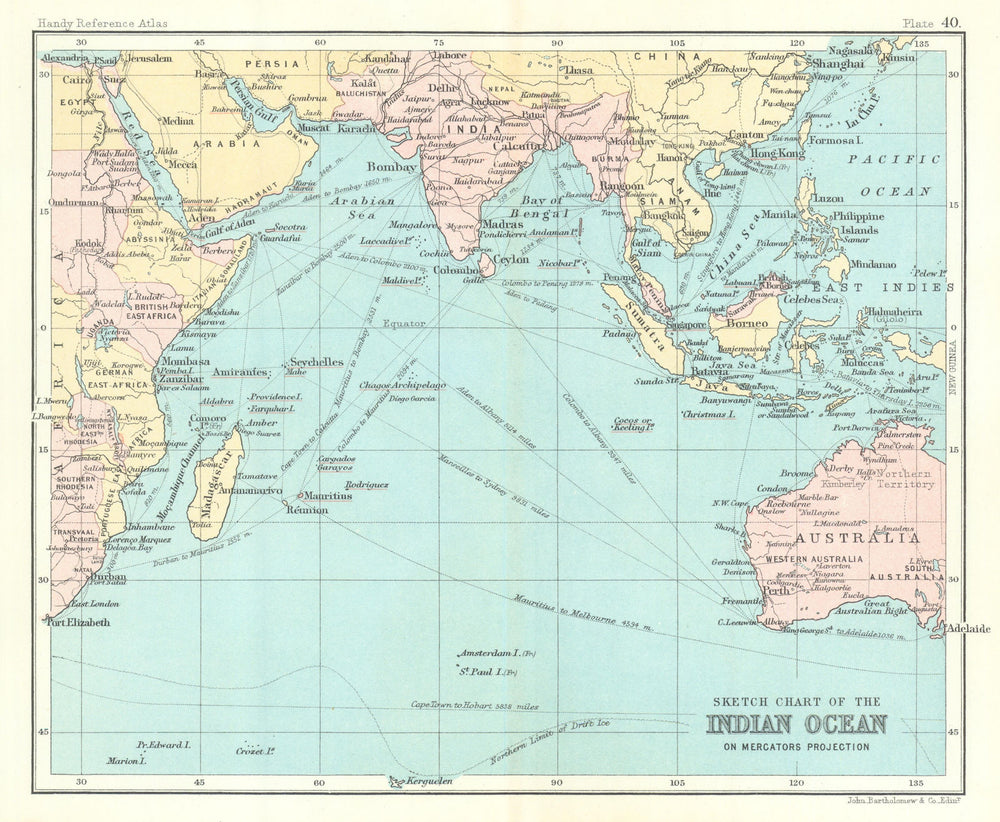Sketch chart of the Indian Ocean. British territories in pink 1909 old map