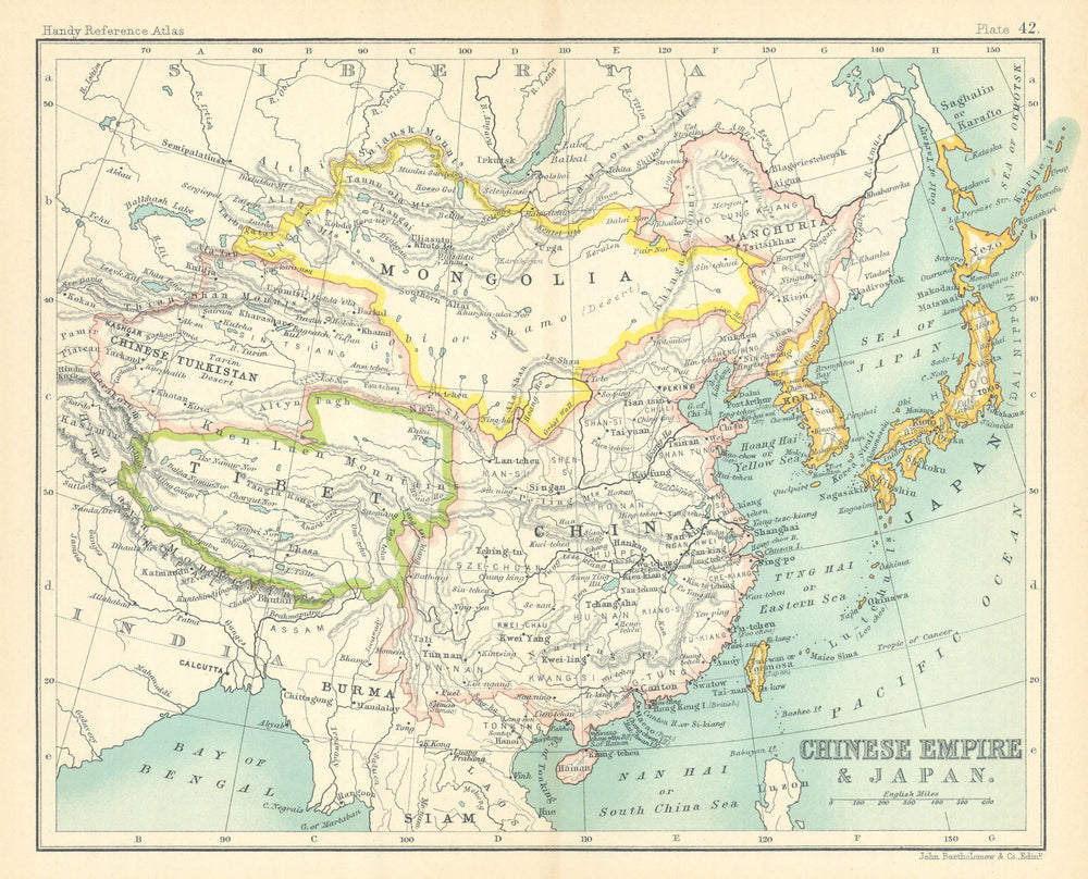 Chinese Empire and Japan. Tibet Chinese Turkistan Mongolia Korea. China 1909 map