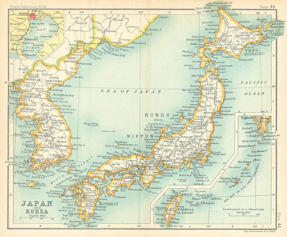 Japan and Korea including Formosa/Taiwan. East Asia. BARTHOLOMEW 1909 old map