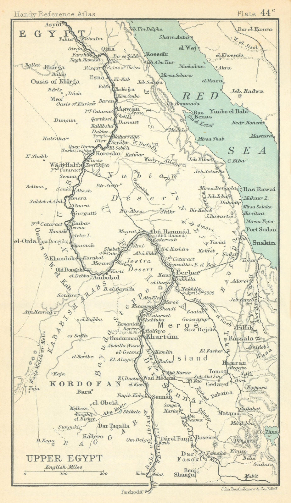 Upper Egypt. Nile Valley. Sudan. Red Sea. BARTHOLOMEW 1909 old antique map