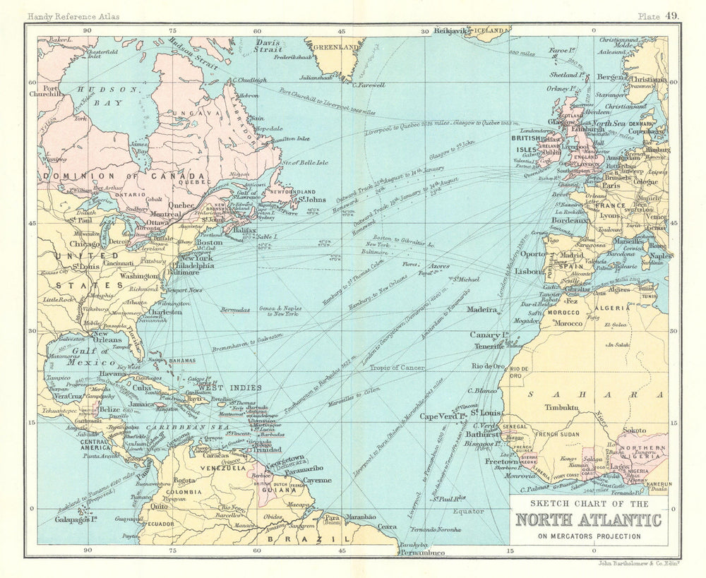 Sketch Chart of the North Atlantic. Shipping routes. BARTHOLOMEW 1909 old map