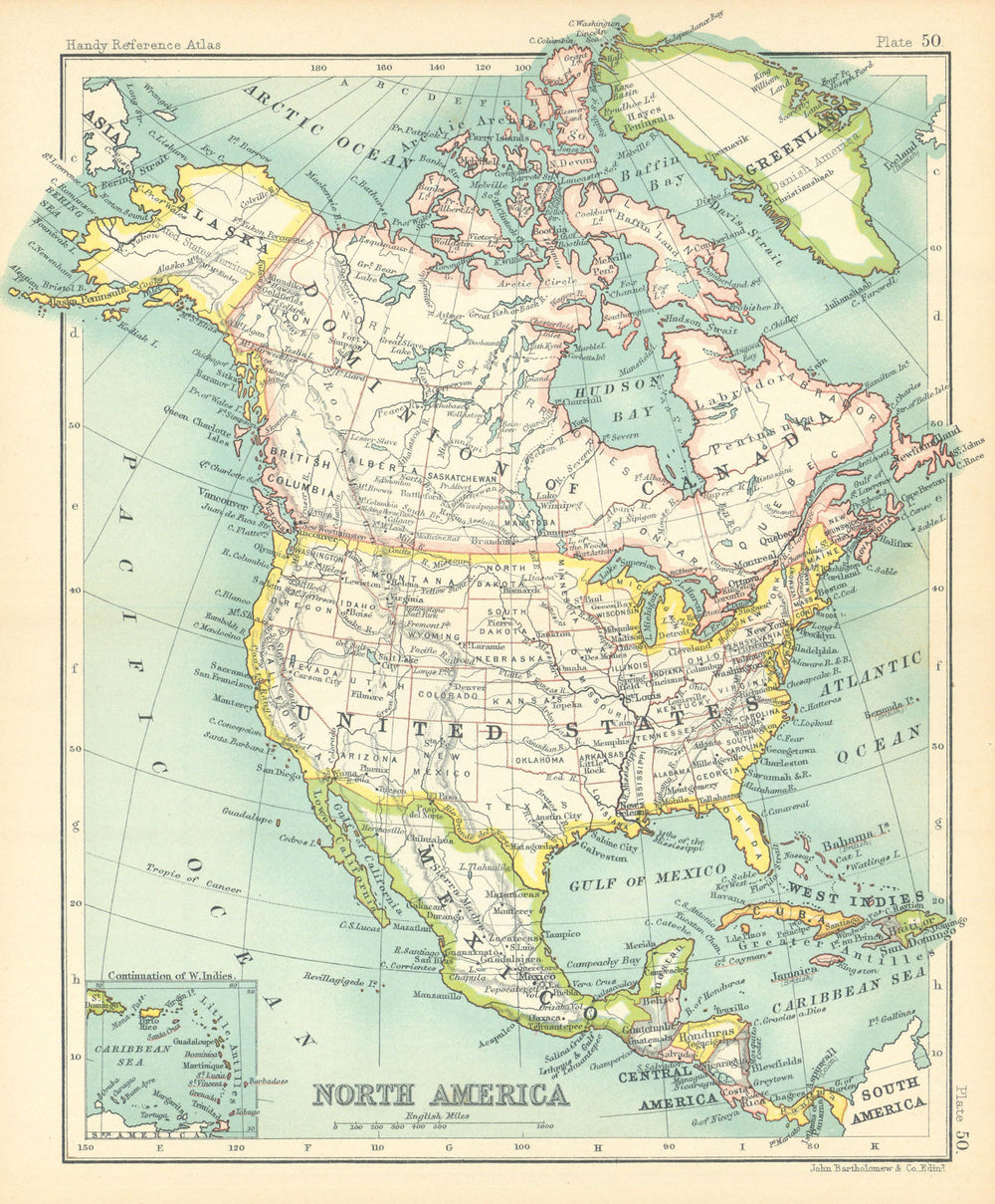 North America. Dominion of Canada. United States. BARTHOLOMEW 1909 old map