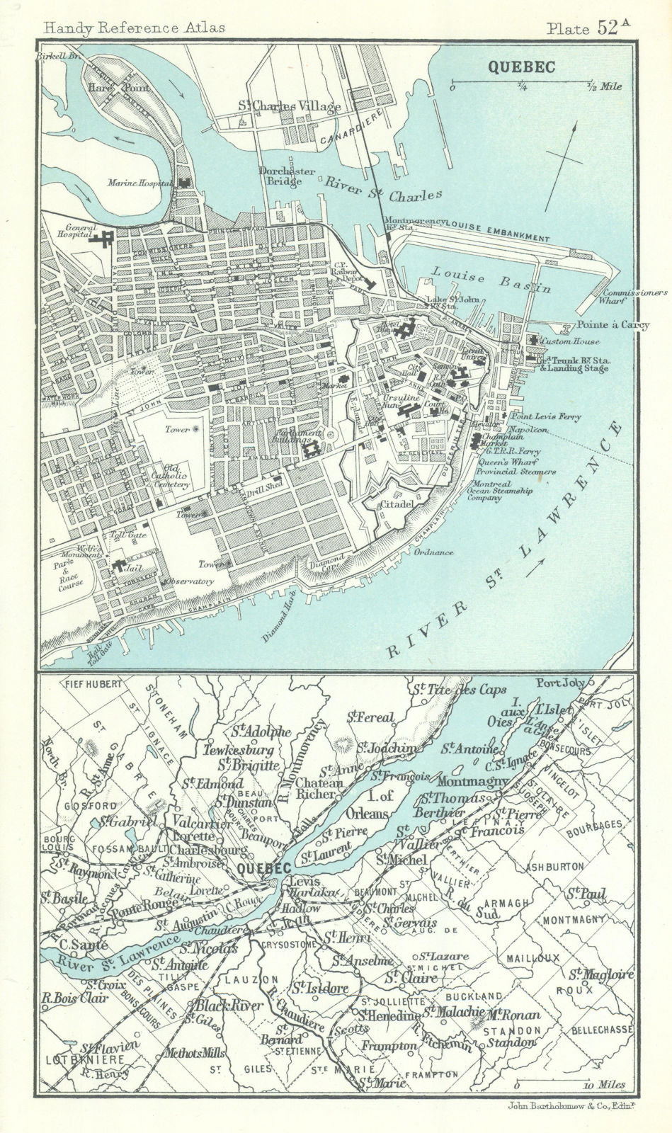 Quebec City plan and environs. Canada. BARTHOLOMEW 1909 old antique map chart