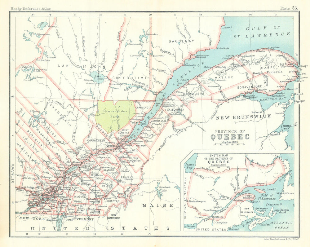 Province of Quebec. Canada. BARTHOLOMEW 1909 old antique map plan chart