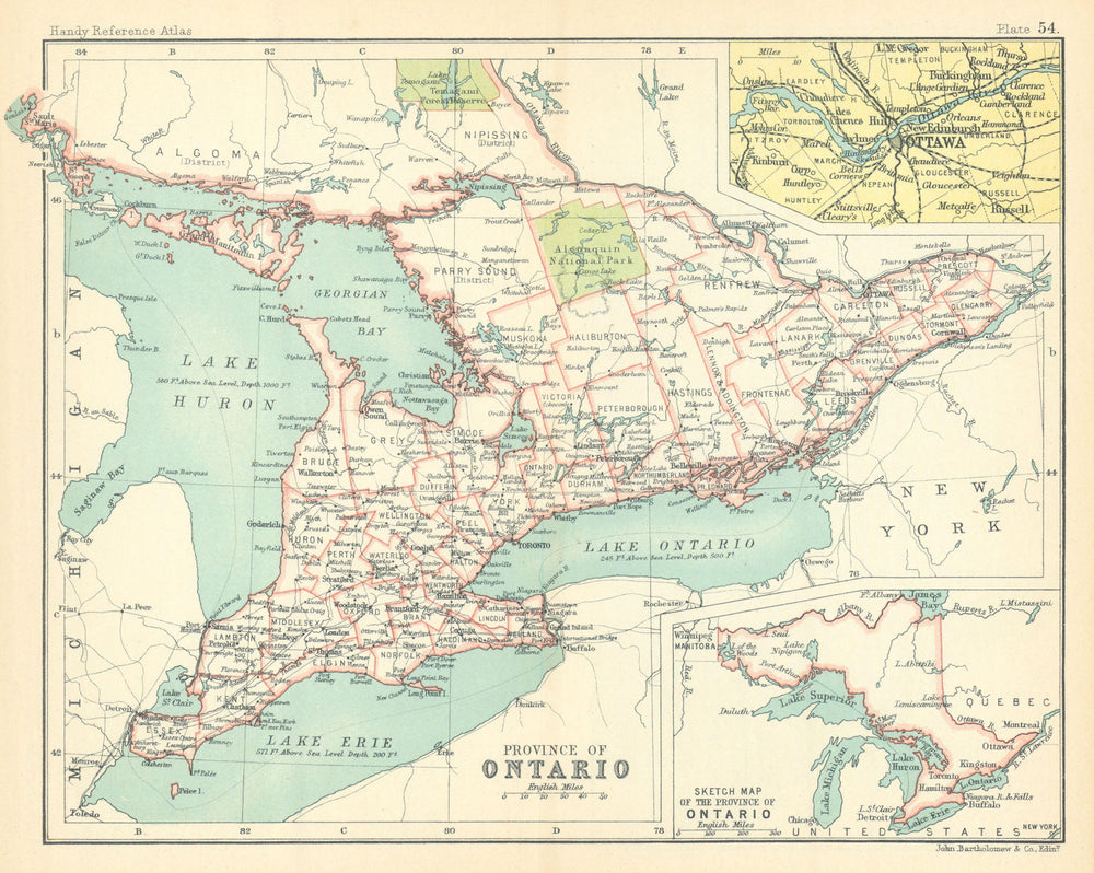 Province of Ontario; Inset maps of Ottawa. Canada. BARTHOLOMEW 1909 old