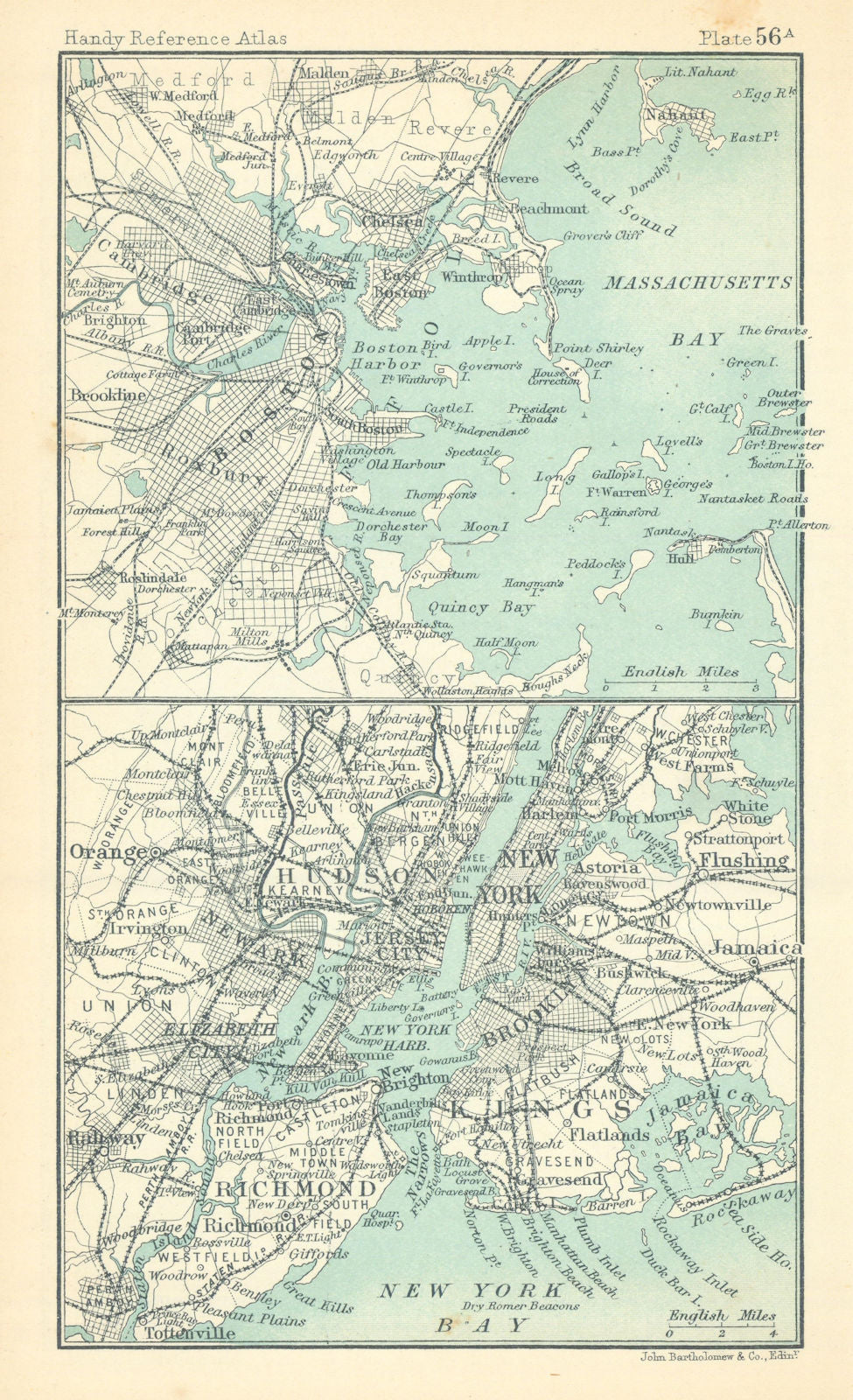 Environs of New York City. Massachusetts. BARTHOLOMEW 1909 old antique map