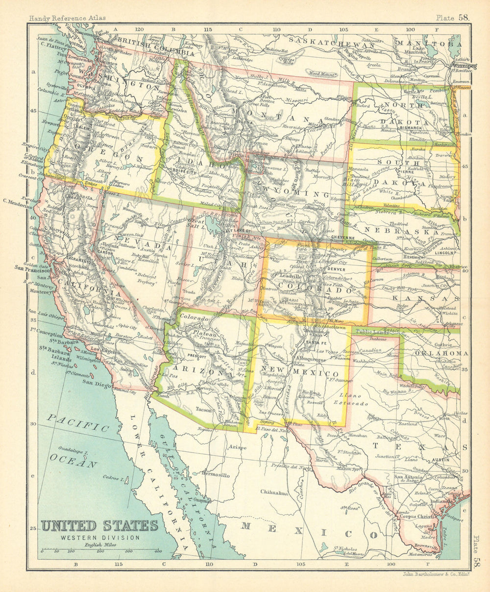 United States Western Division. USA. BARTHOLOMEW 1909 old antique map chart