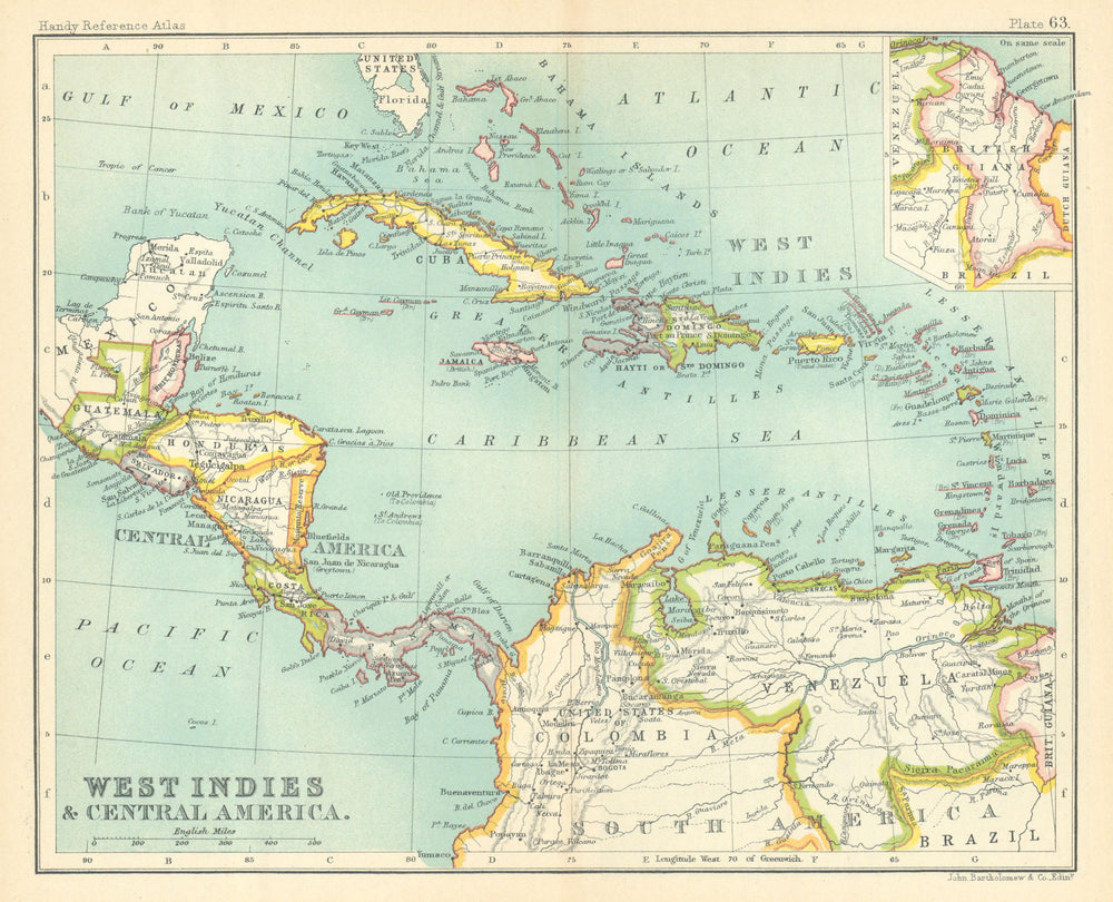 West Indies and Central America; Inset British Guiana. Caribbean 1909 old map