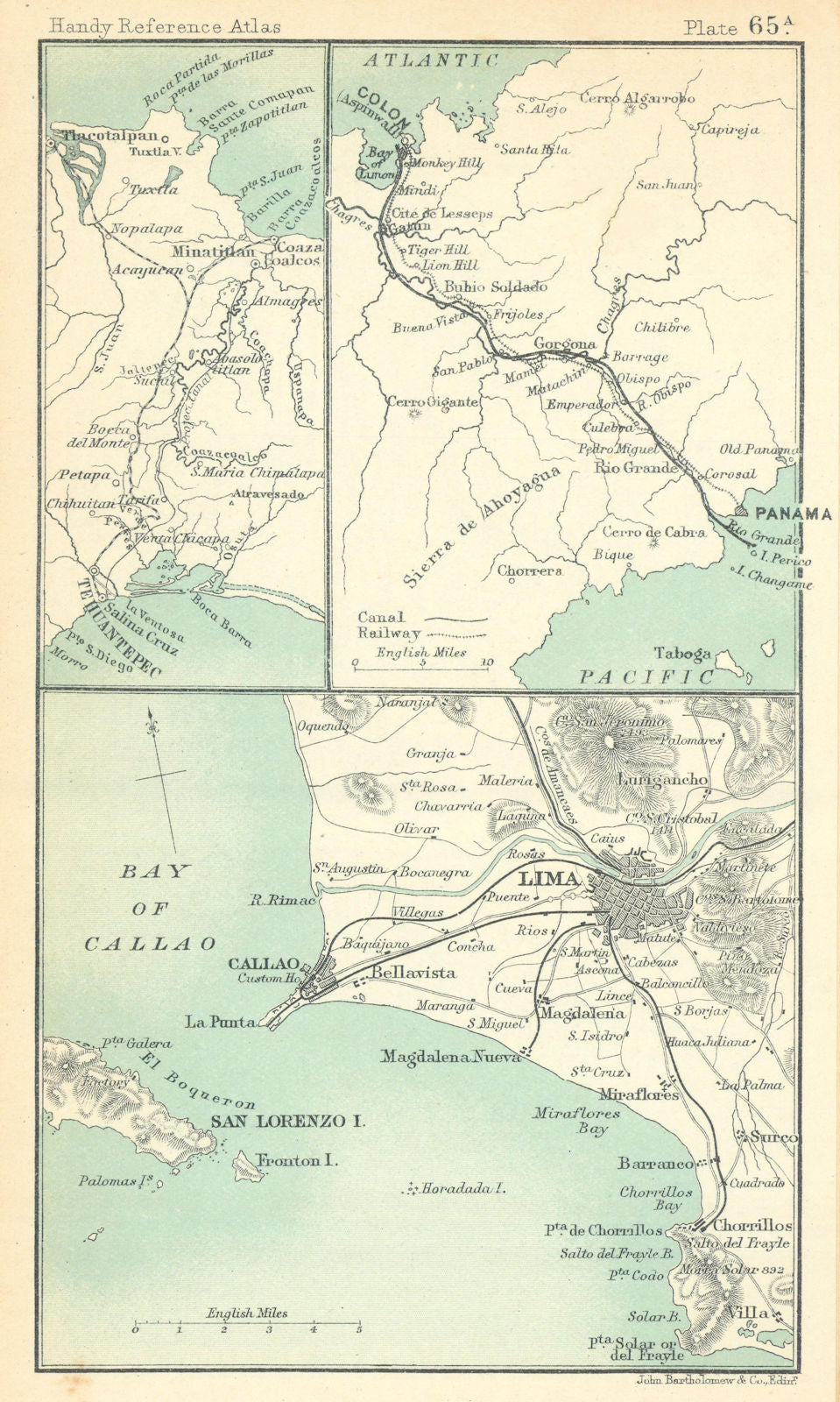 Environs of Lima & Callao. Panama Canal. South America. BARTHOLOMEW 1909 map