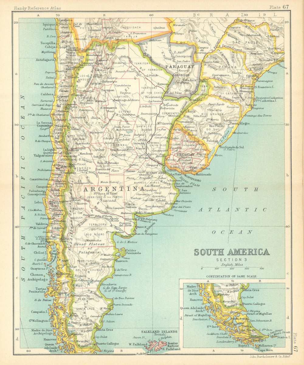 South America. Argentine Republic Chile Uruguay. BARTHOLOMEW 1909 old map