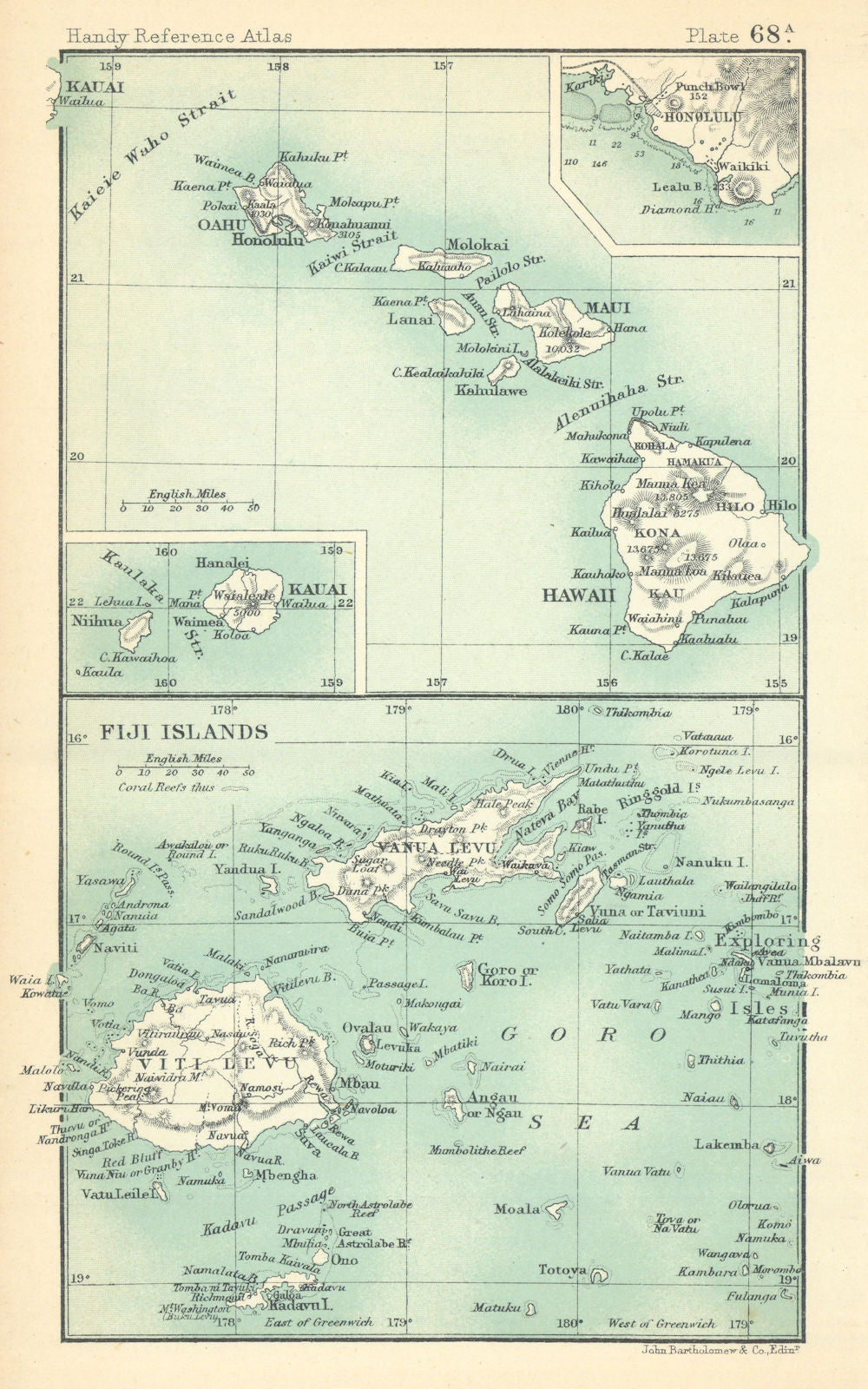 Hawaii & the Fiji Islands. Kauai. Honolulu. BARTHOLOMEW 1909 old antique map