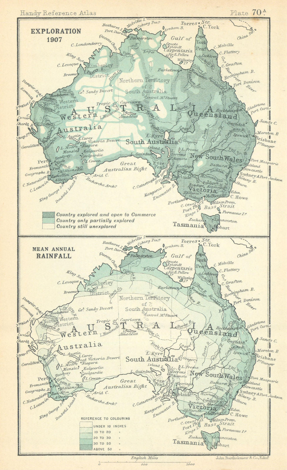 Australia explored areas in 1903. Mean Annual Rainfall. BARTHOLOMEW 1909 map