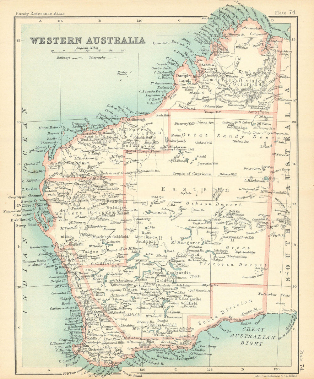 Western Australia state map showing goldfields. BARTHOLOMEW 1909