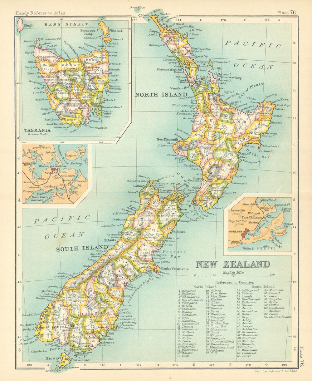 New Zealand showing counties. Inset Tasmania Auckland Dunedin 1909 old map