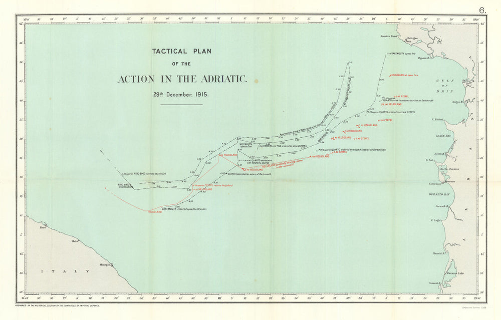 Battle of Durazzo Tactical Plan. Adriatic 29th December 1915. WW1 1928 old map