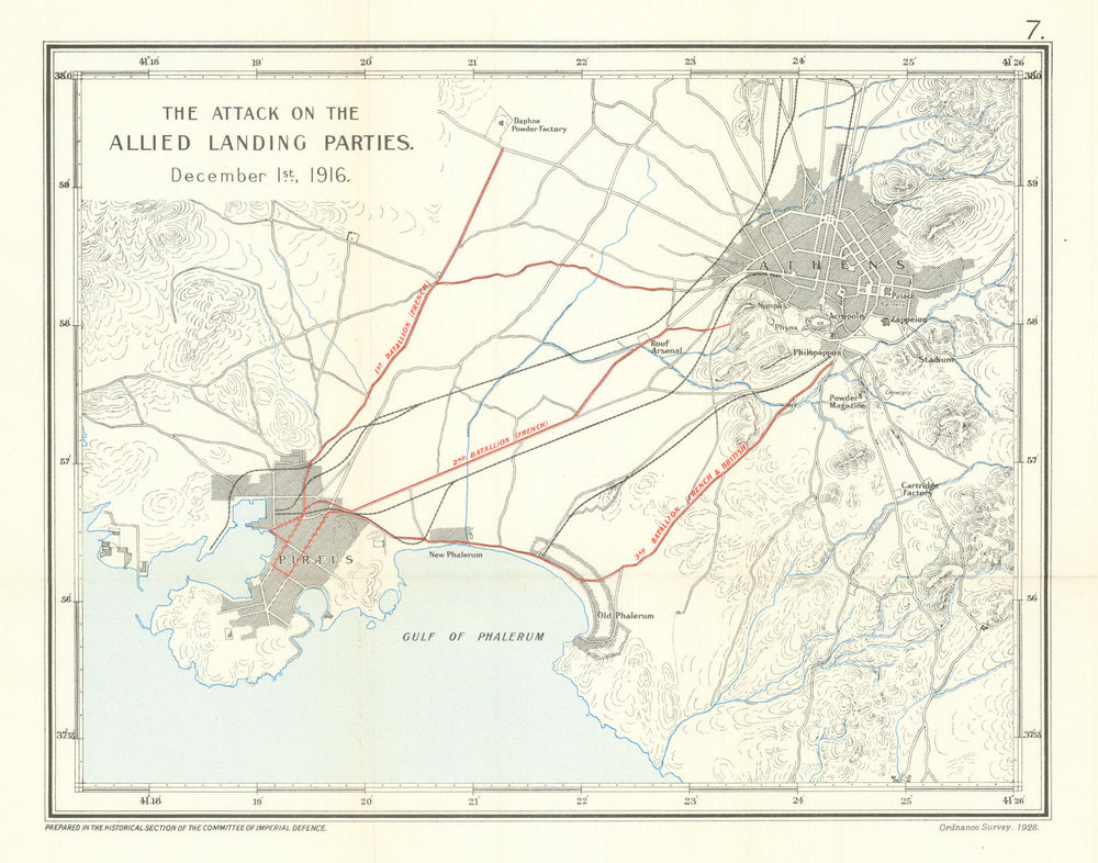Attack on the Allied landing party at Athens, 1 Dec 1916 Noemvriana WW1 1928 map