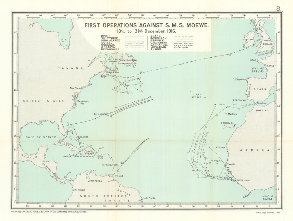 Operations against S.M.S. Möwe 10-31 December 1916. Atlantic Ocean. WW1 1928 map