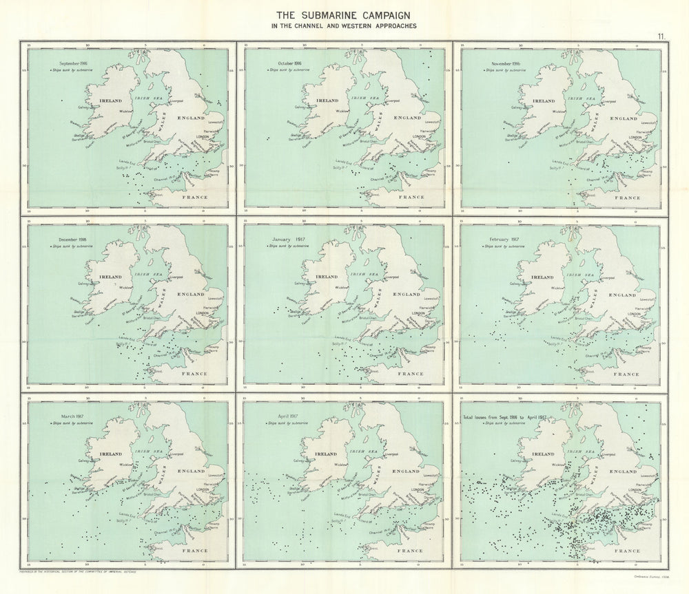 German U-Boat submarine campaign. English Channel 9/1916-4/1917. WW1 1928 map
