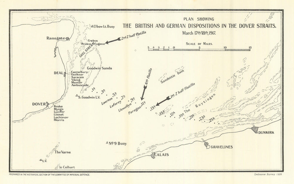 Dover Straits. British & German naval dispositions 17-18 March 1917 WW1 1928 map
