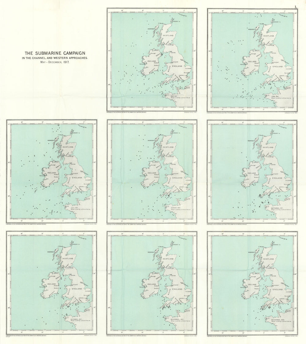 German U-Boat submarine campaign English Channel May-December 1917. WW1 1931 map
