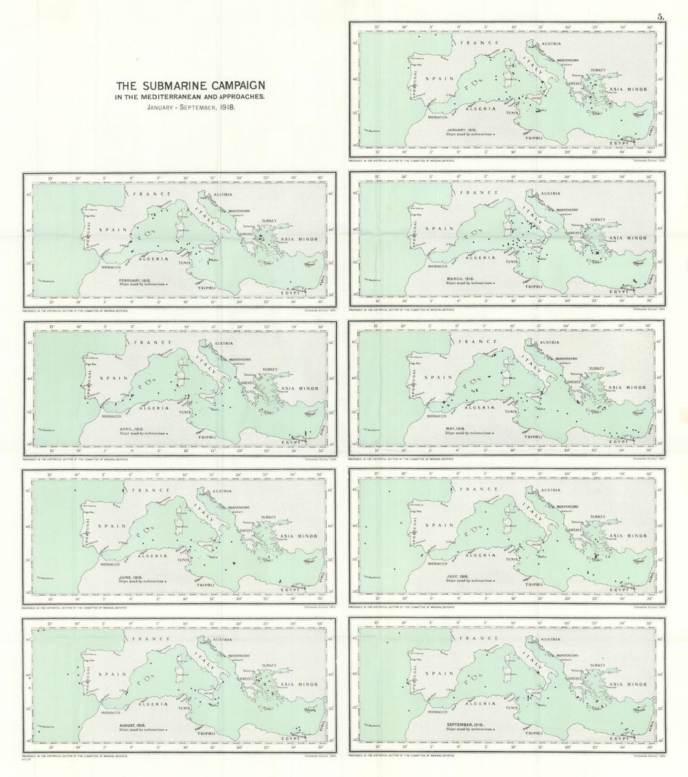 German U-Boat submarine campaign Mediterranean Jan-September 1918. WW1 1931 map