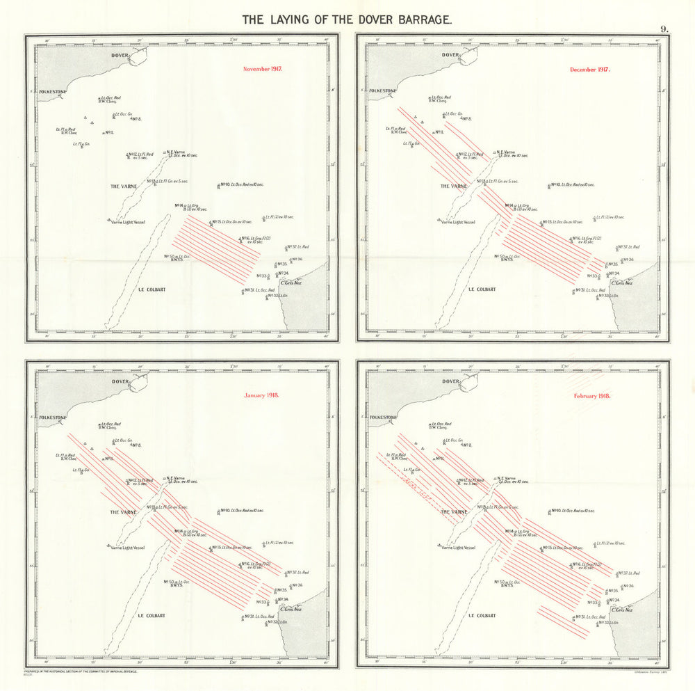 Laying the Dover Barrage November 1917 - February 1918. First World War 1931 map