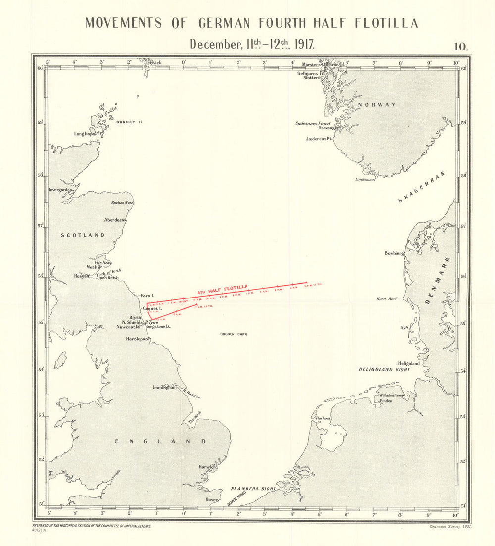 German 4th Half Flotilla movements 11-12 Dec 1917 action. Newcastle WW1 1931 map