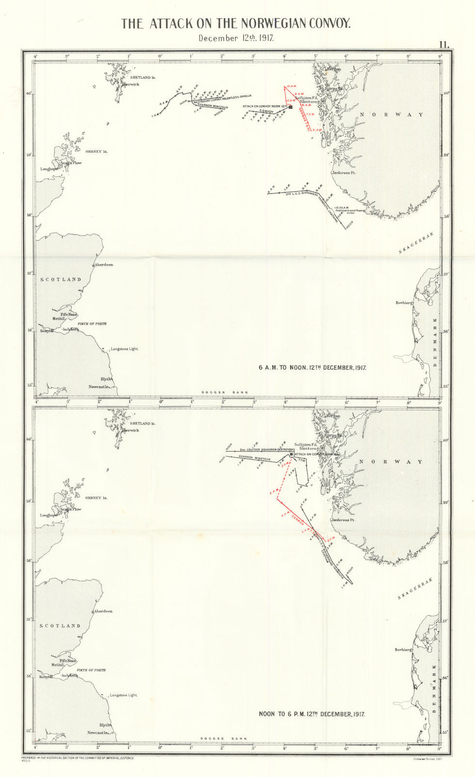 Attack on the Norwegian convoy 12 December 1917. First World War 1931 old map