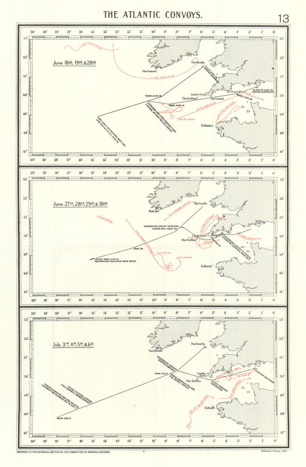 The Atlantic convoys June 18th-July 6th 1917. First World War 1931 old map