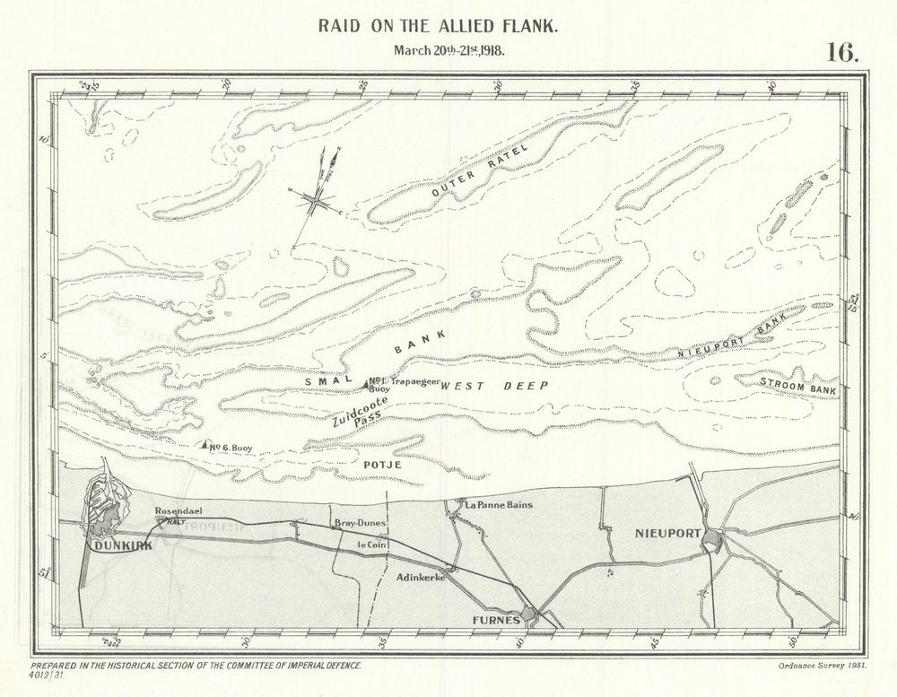 German raid on the Allied flank at Dunkirk 20-21 March 1918. WW1 1931 old map