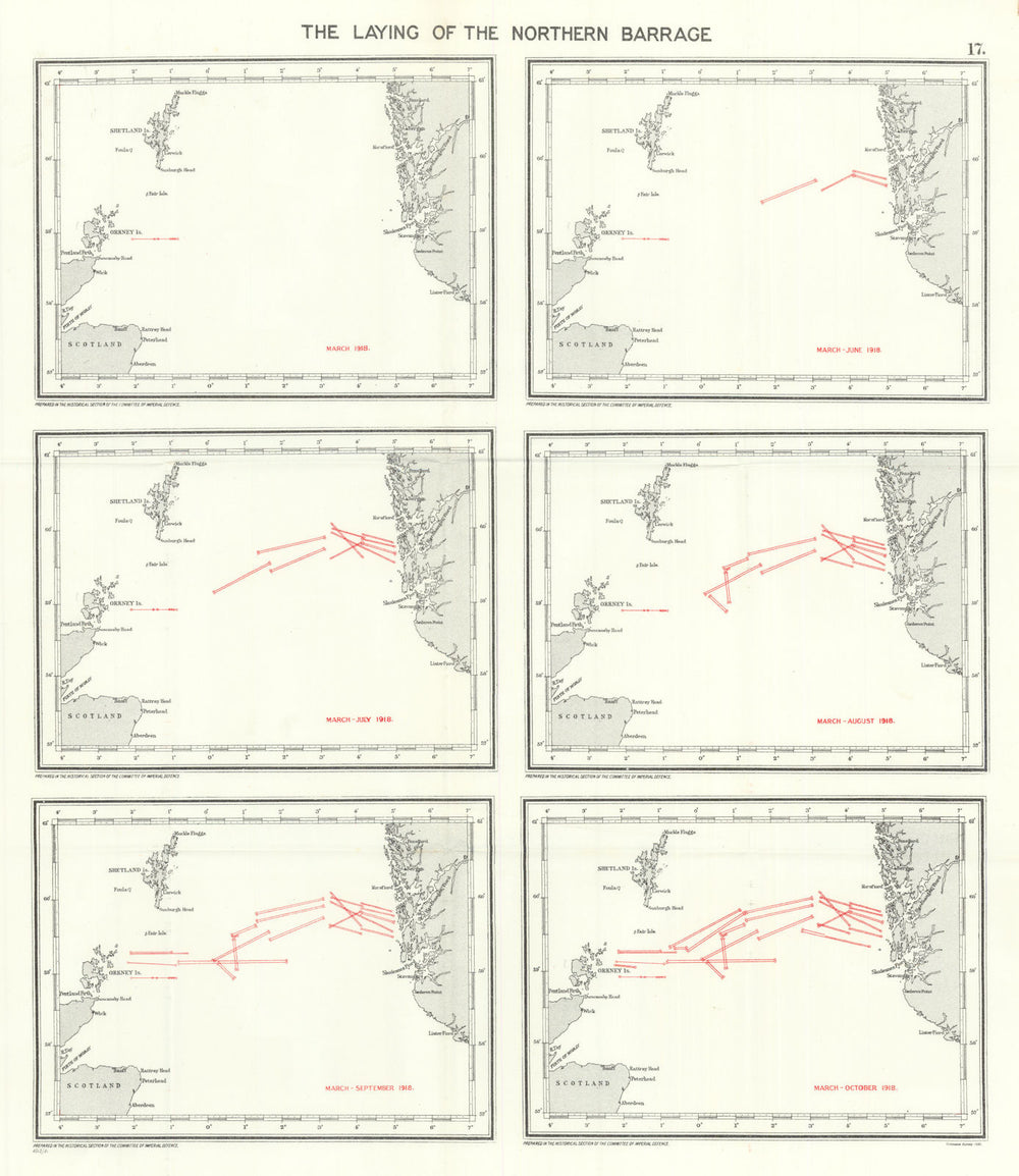 Laying the North Sea Mine Barrage March-October 1918. First World War 1931 map