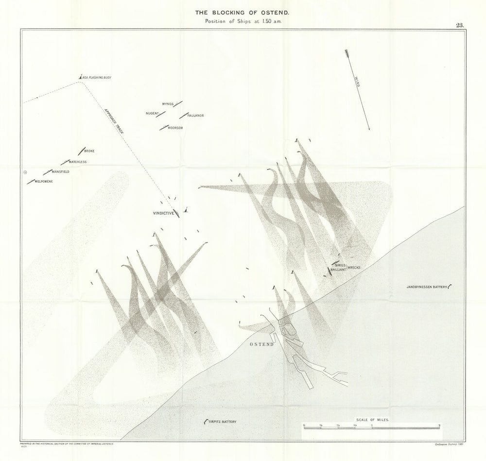 2nd Ostend Naval Raid 9-10 May 1918 Position at 1.50am. First World War 1931 map